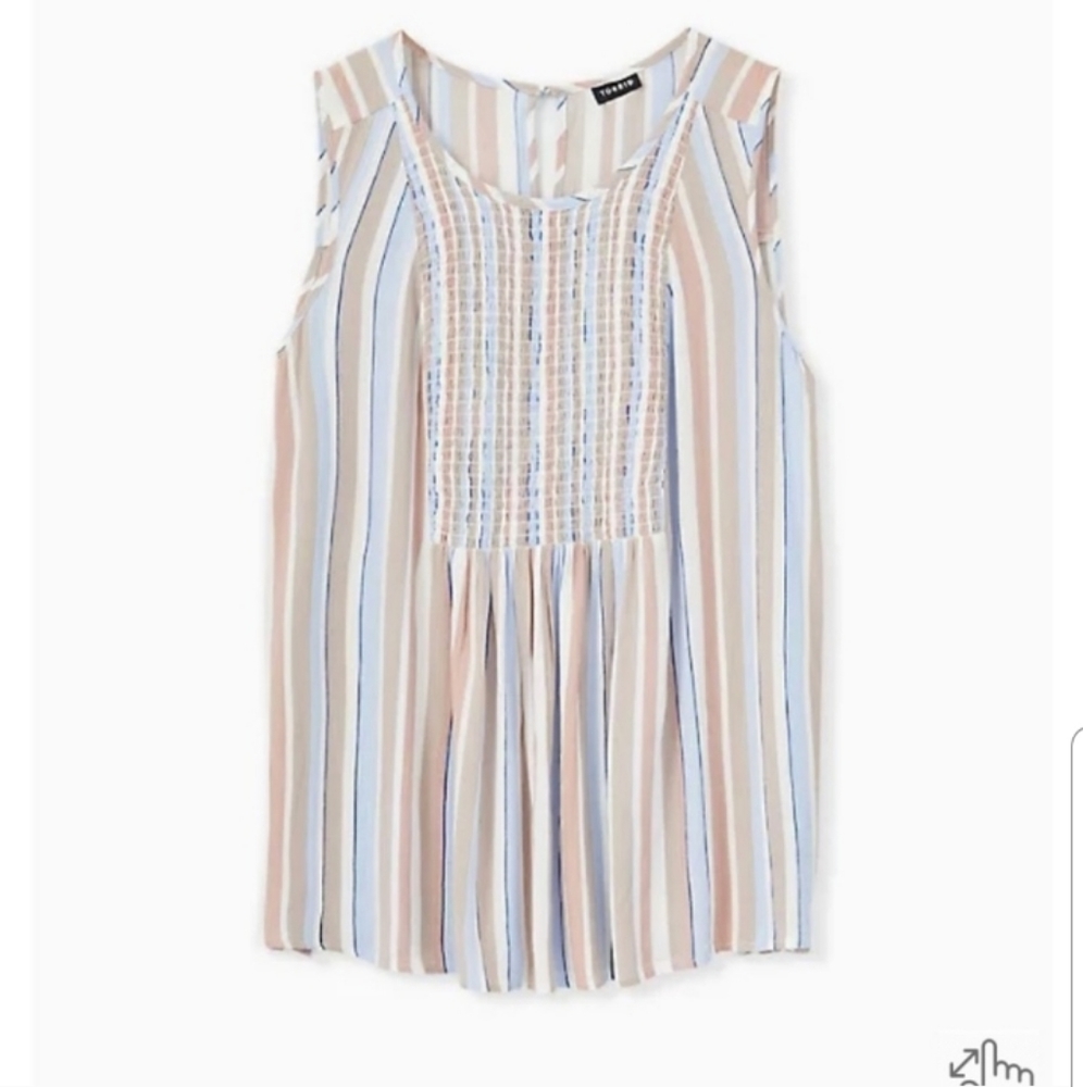 Torrid Blue Taupe Stripe Crinkled Gauze Smocked Tank Top - Picture 3 of 9